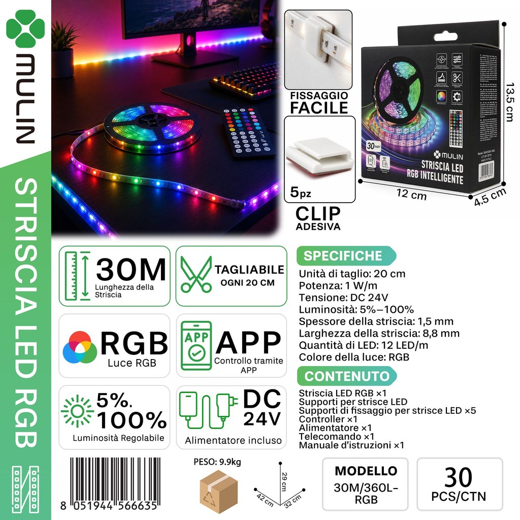MULIN 30M/360L Striscia LED RGB Intelligente