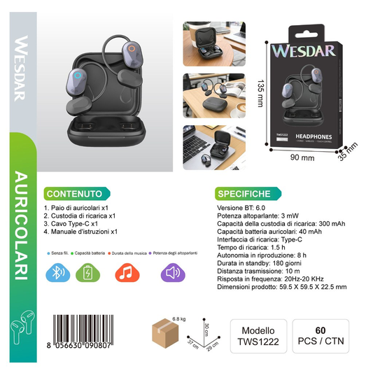 WESDAR TWS1222 Auricolari Bluetooth Nero
