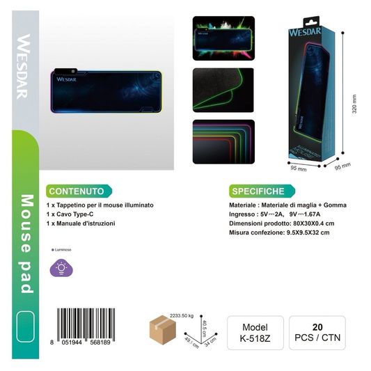 WESDAR K-518Z Tappetino per Mouse Nero RGB