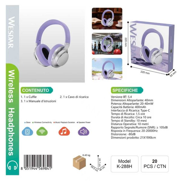 WESDAR K-288H Wireless Headphones Cuffie BT 5.4