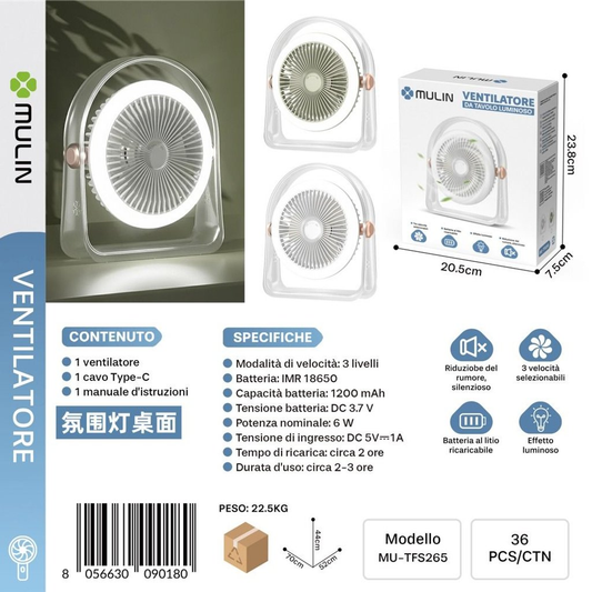 MU-TFS265 Ventilatore da Tavolo Luminoso 1200mAh