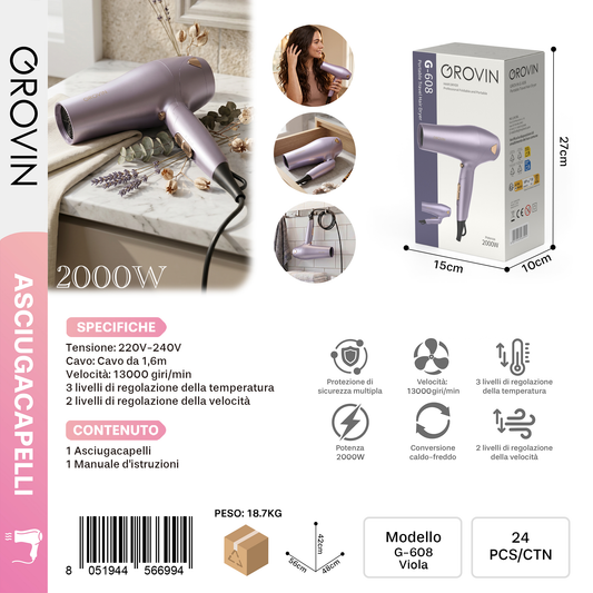 GROVIN G-608 Asciugacapelli 2000w Viola