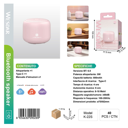 WESDAR K-22S Altoparlante Bluetooth 5W (Rosa)