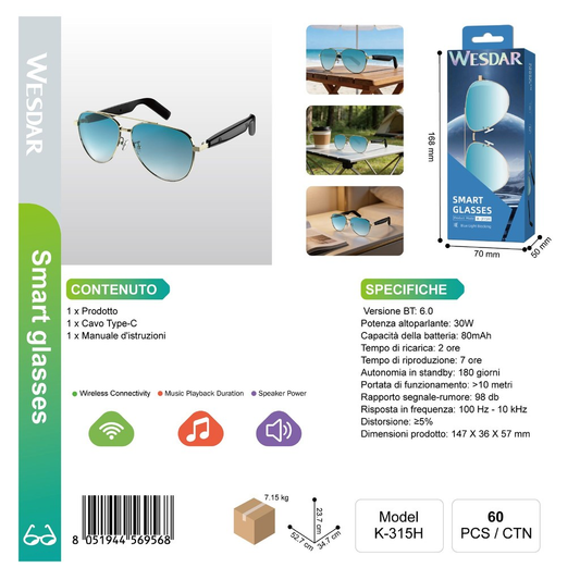 WESDAR K-315H Occhiali Smart Bluettooth (Ciano)