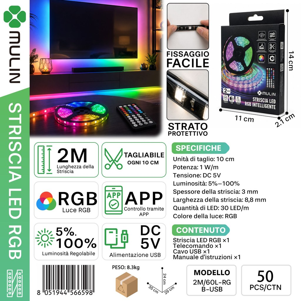 MULIN 2M/60L Striscia LED RGB Intelligente
