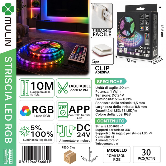 MULIN 10M/180L Striscia LED RGB Intelligente