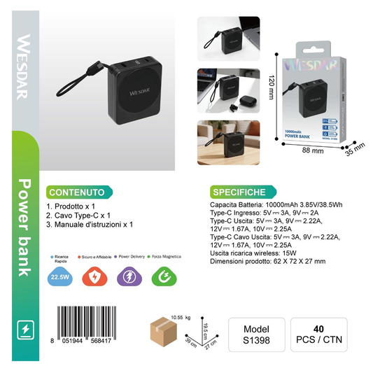 WESDAR S1398 Powerbank Magnetico 10000mAh (Nero)