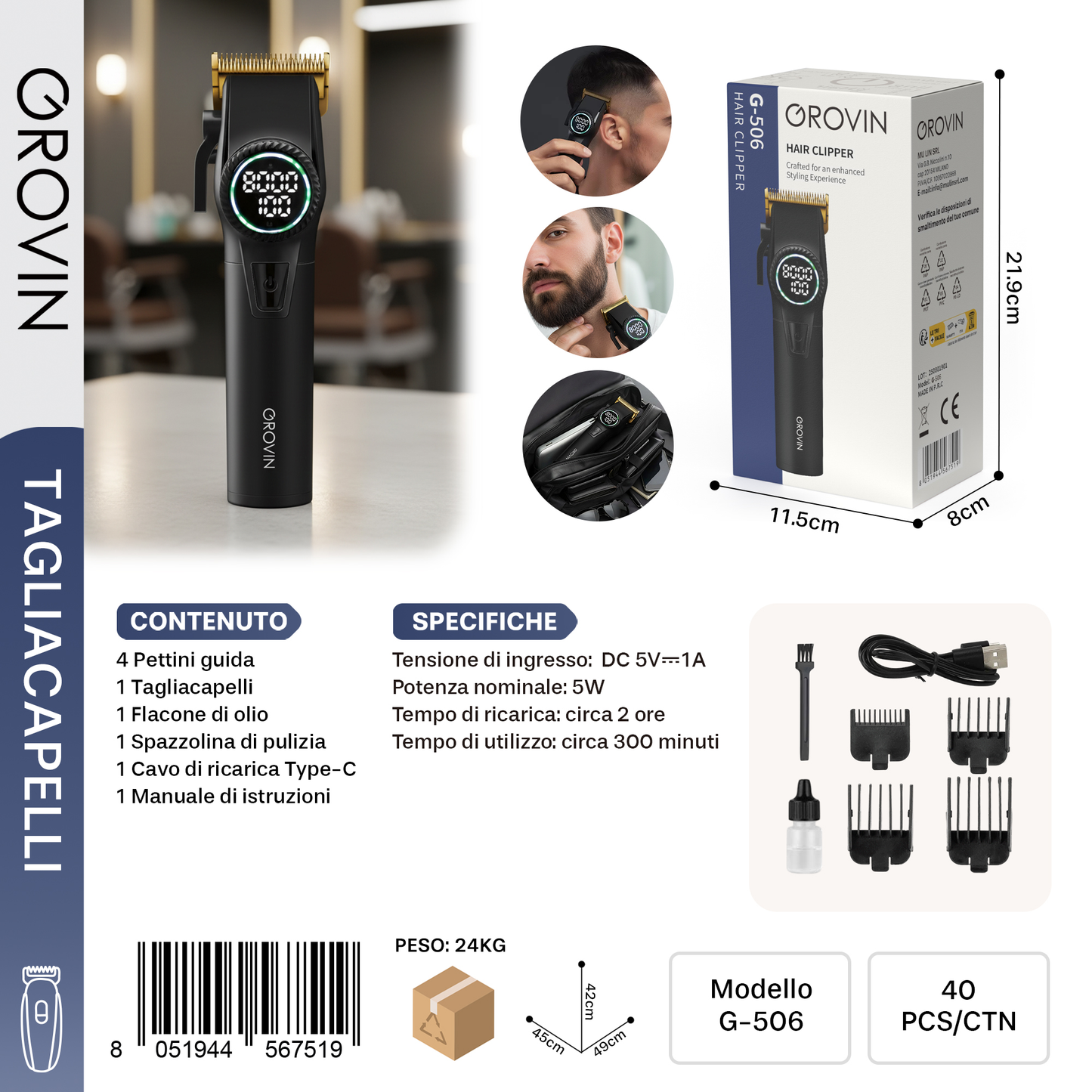 GROVIN G-506 Tagliacapelli con 4 Pettini di Cambi