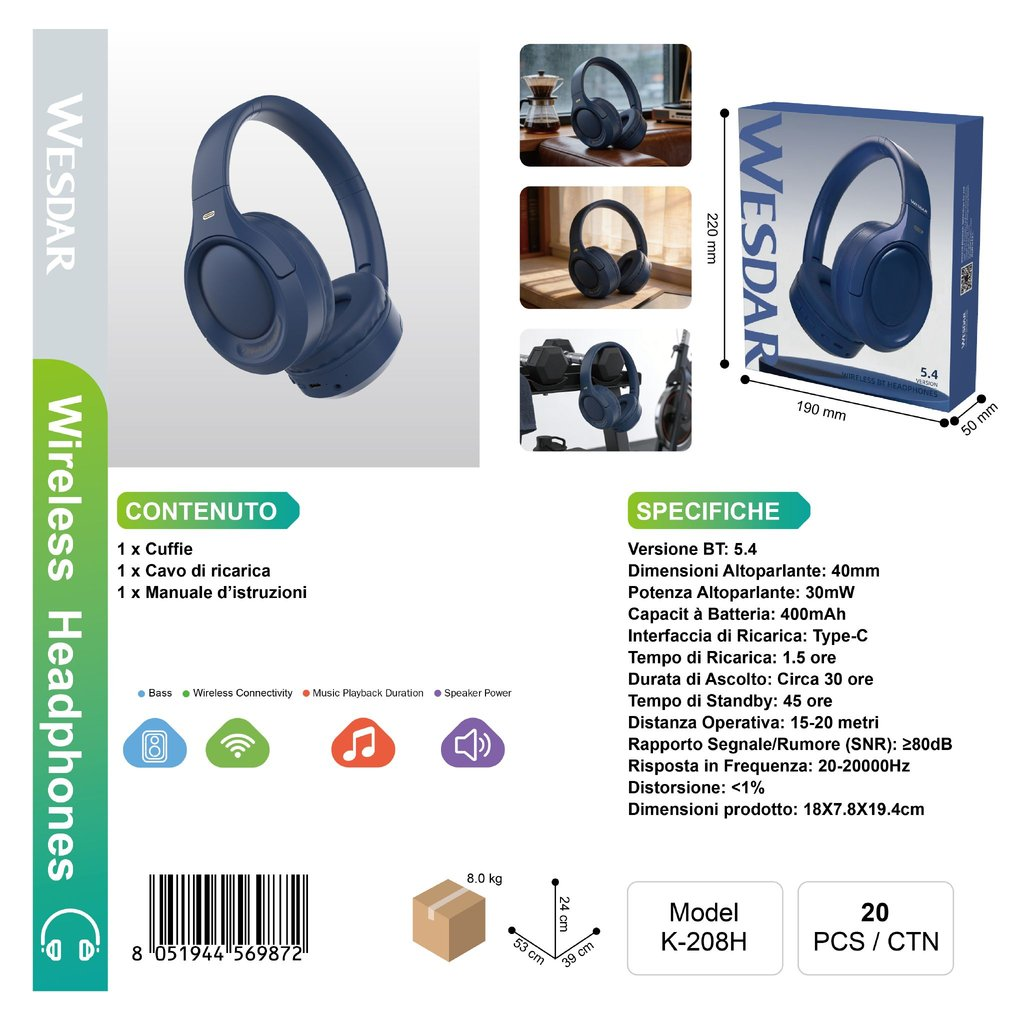 WESDAR K-208H Wireless Cuffie / Headphones BT 5.4