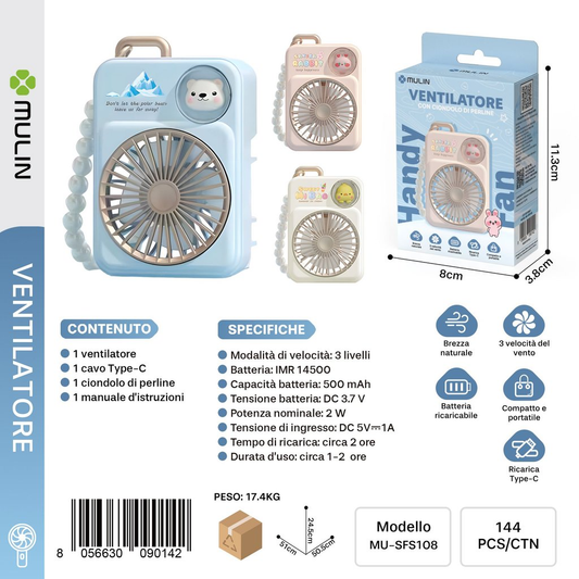 MU-SFS108 Ventilatore con Ciondolo di Perline 500mAh