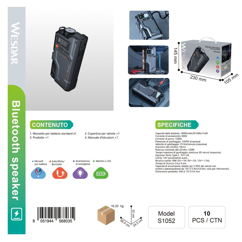 WESDAR S1052 Avviatore per Macchina, Power Bank, 16000mAh
