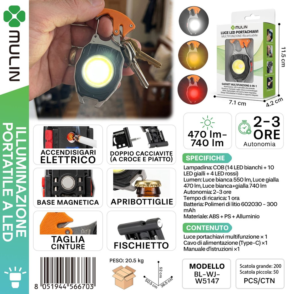 MULIN BL-WJ-W5147 Luce LED Portachiavi Multifunzionale