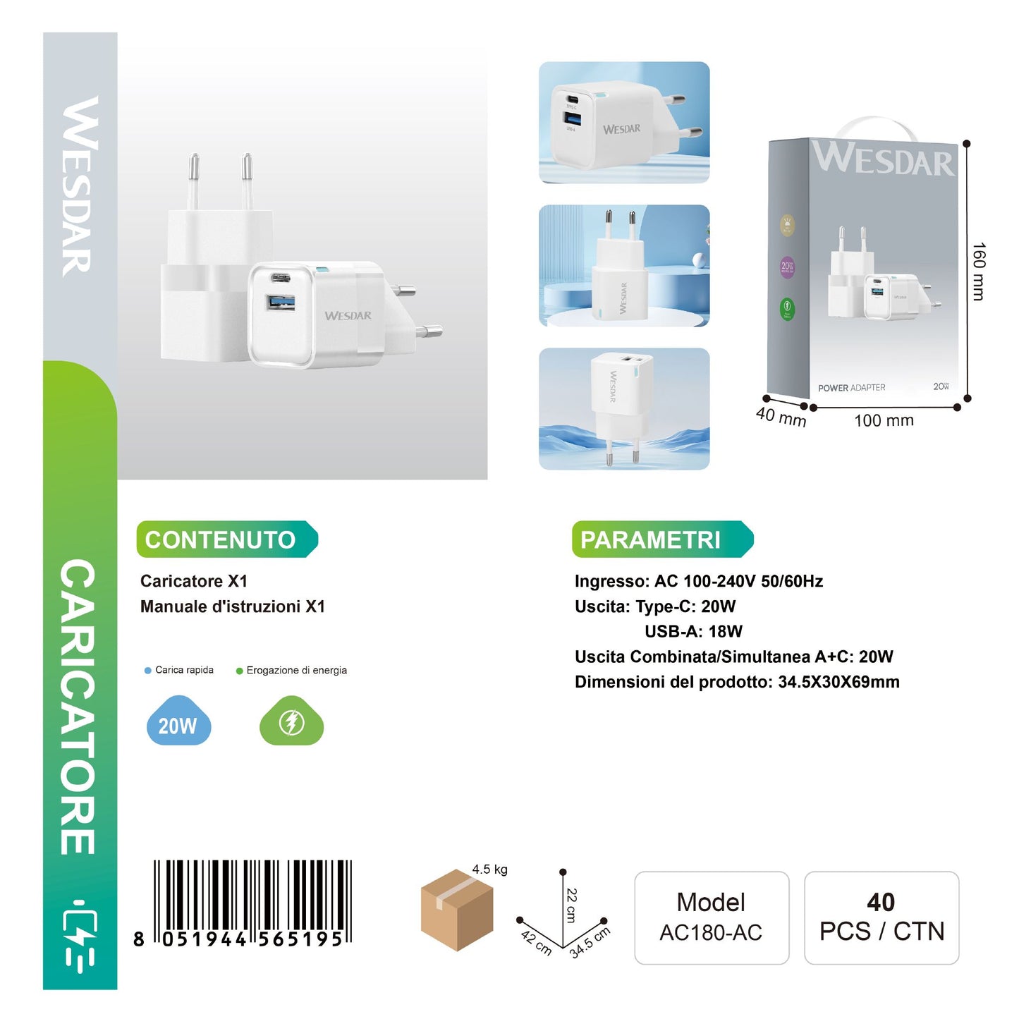 WESDAR AC180-AC Caricatore Doppio Porte 20w-18w