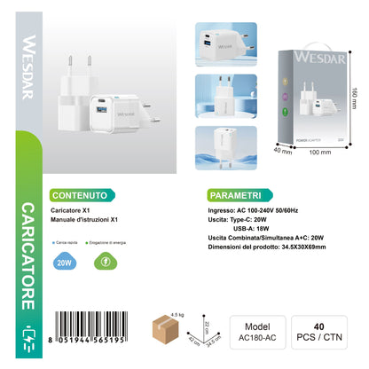 WESDAR AC180-AC Caricatore Doppio Porte 20w-18w