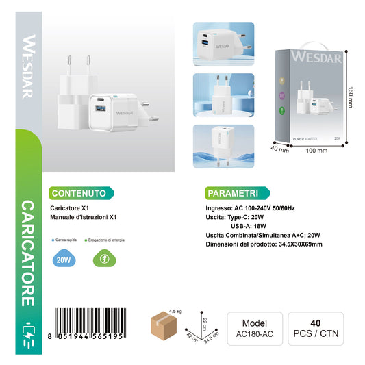 WESDAR AC180-AC Caricatore Doppio Porte 20w-18w