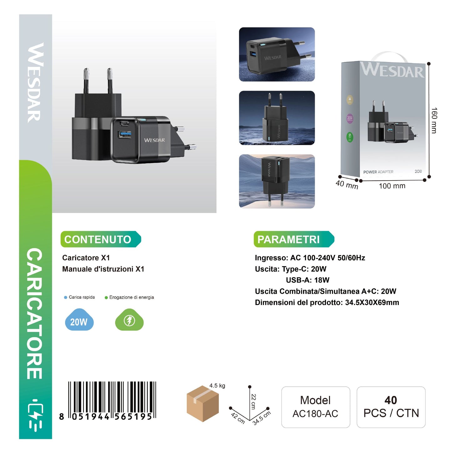 WESDAR AC180-AC Caricatore Doppio Porte 20w-18w