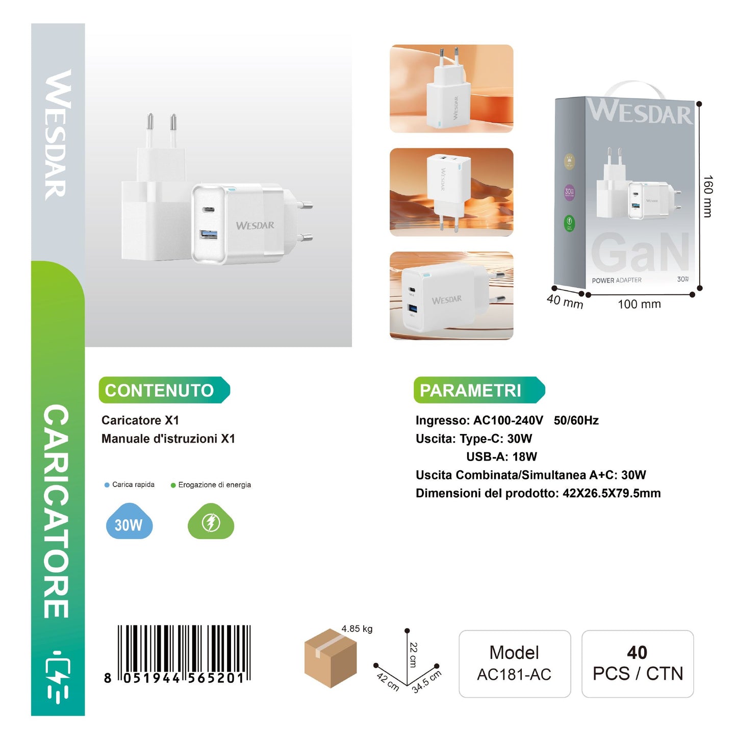 WESDAR AC181-AC Caricatore Doppio Porte 30w-18w