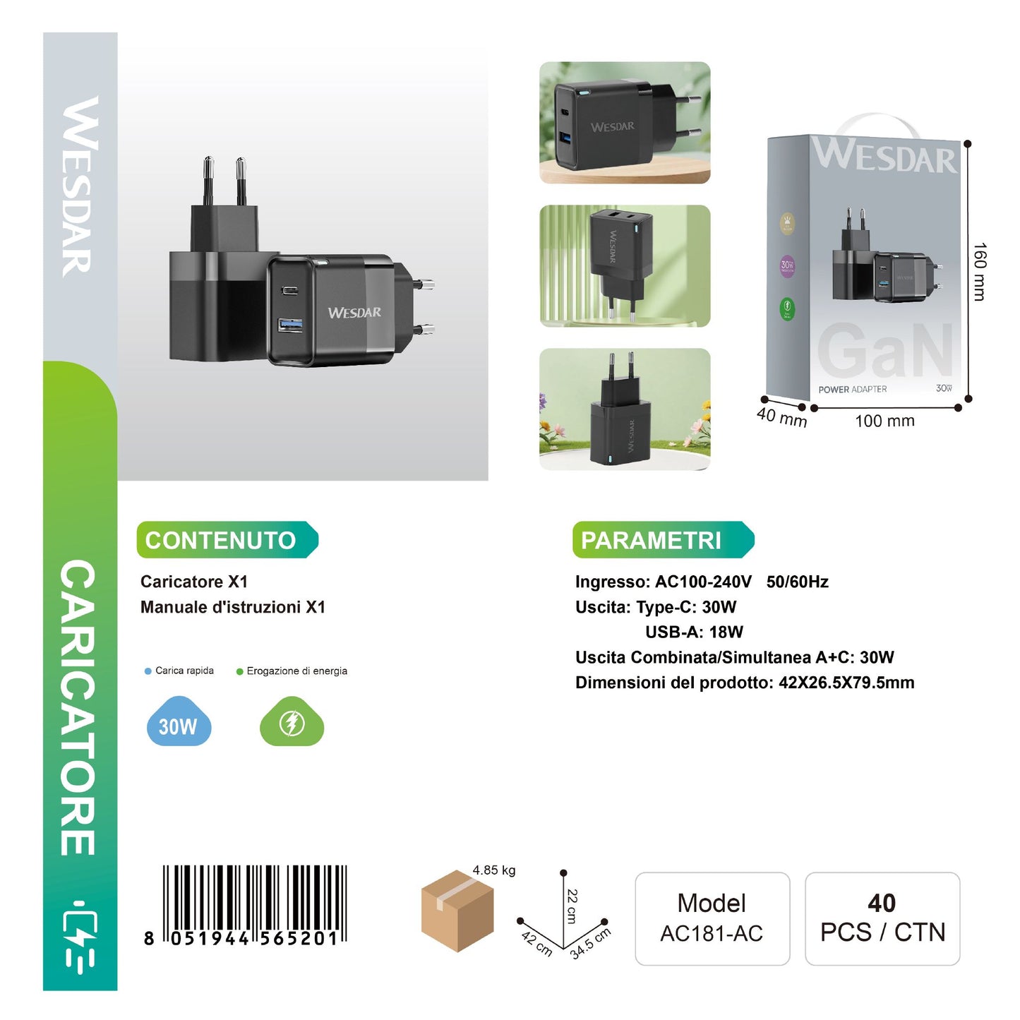 WESDAR AC181-AC Caricatore Doppio Porte 30w-18w