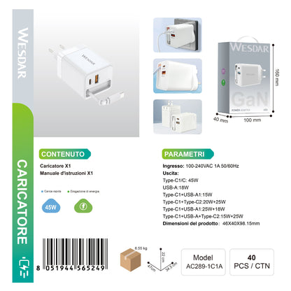 WESDAR AC289-1C1A AC Charger Max 45W Doppio Porte