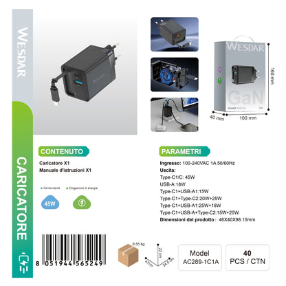 WESDAR AC289-1C1A AC Charger Max 45W Doppio Porte