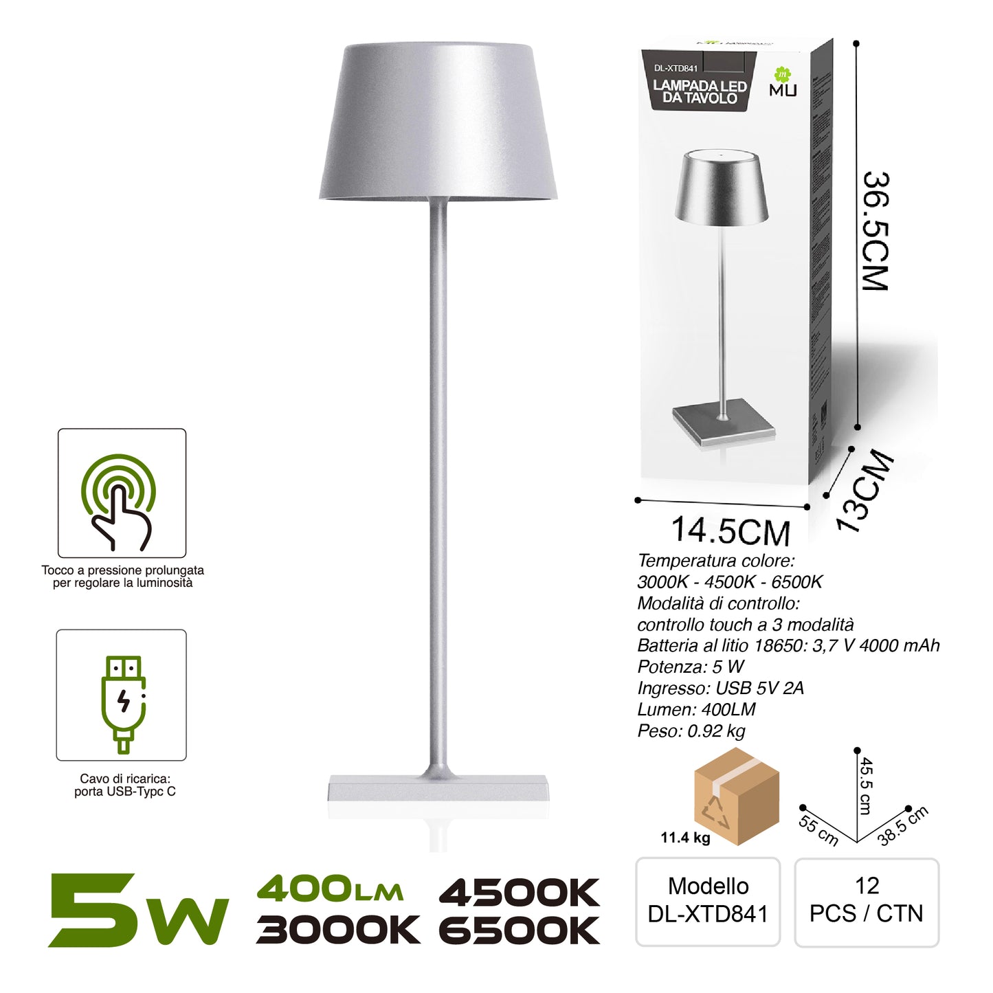 XTD841 Lampada da Tavolo, Ricaricabile e Dimmerabile