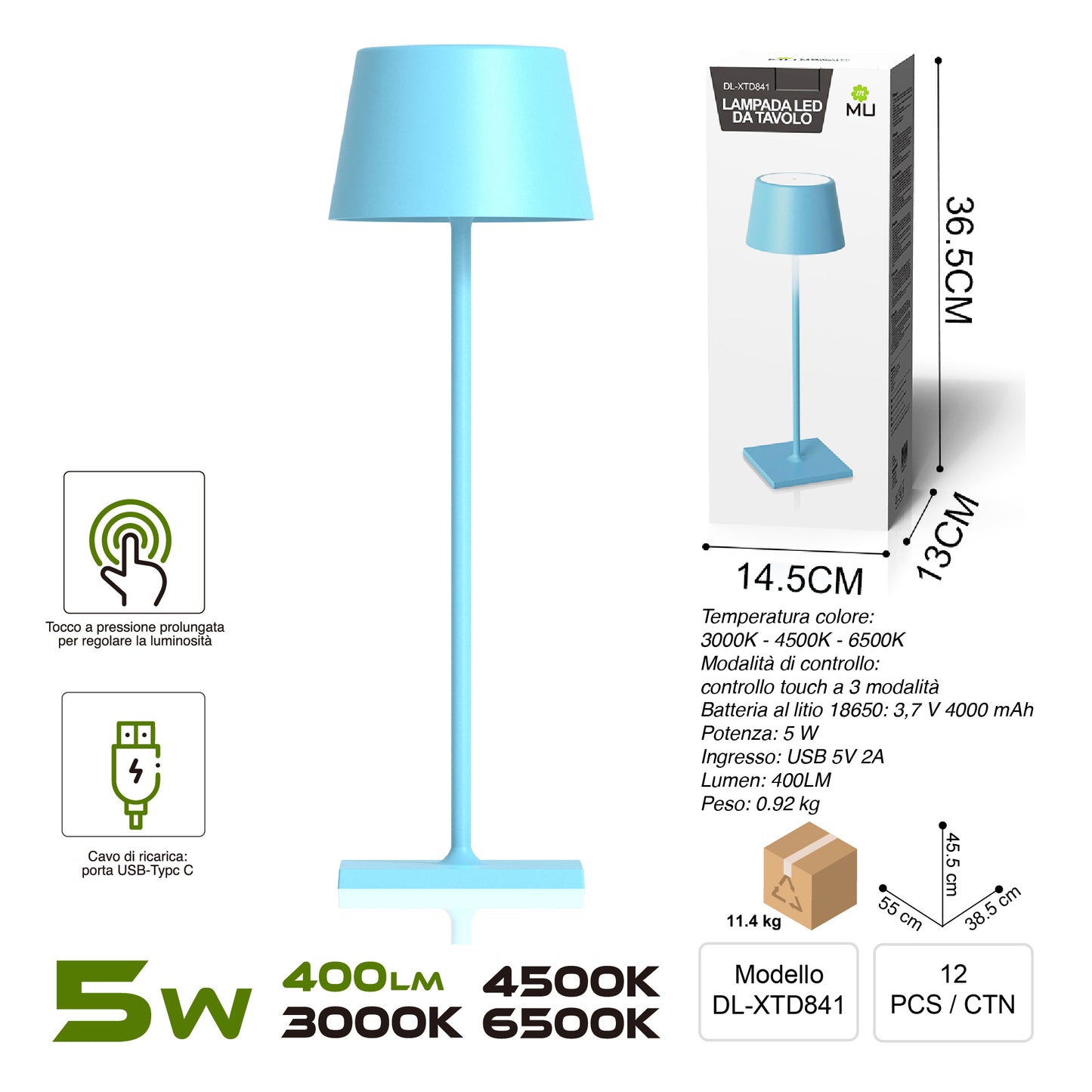 XTD841 Lampada da Tavolo, Ricaricabile e Dimmerabile