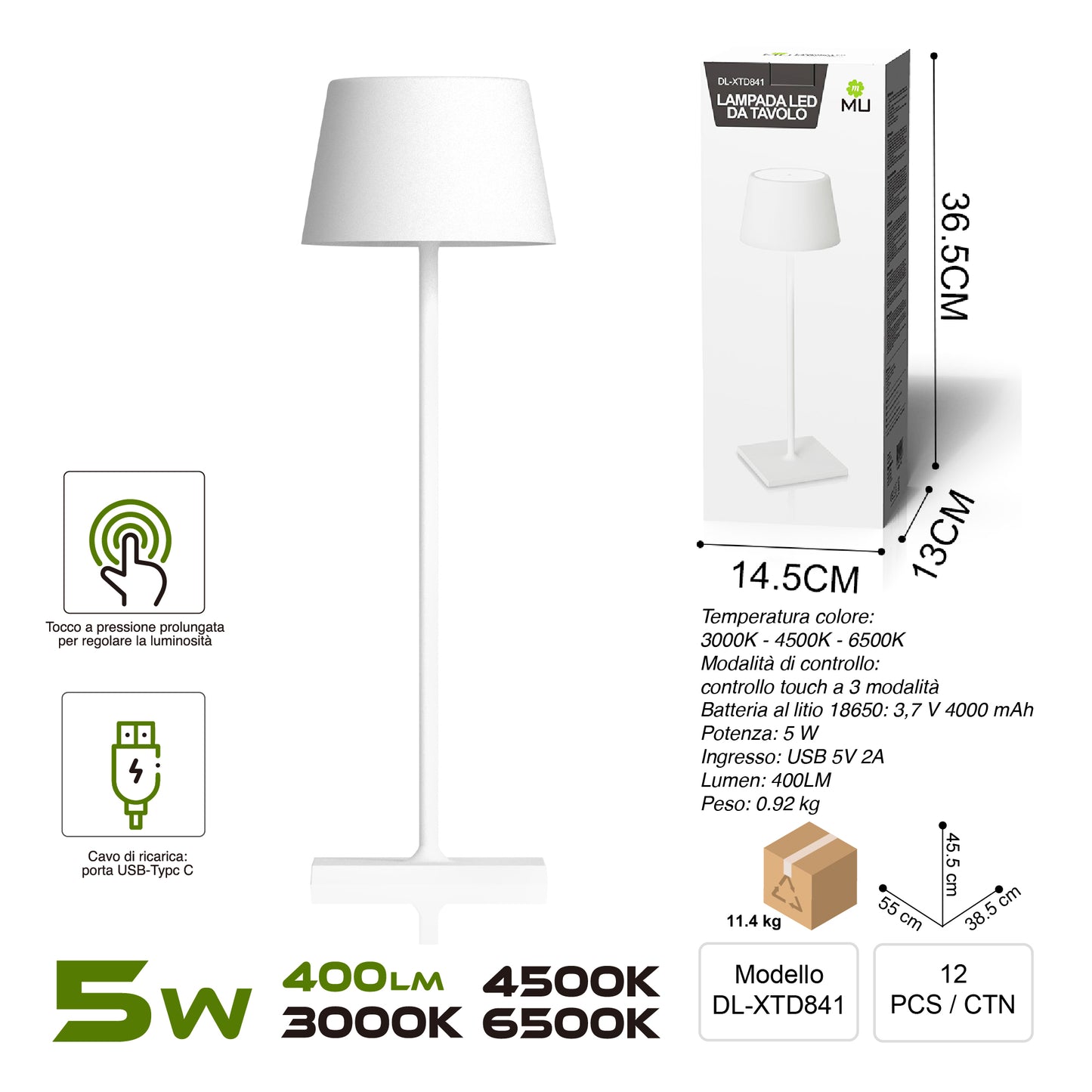 XTD841 Lampada da Tavolo, Ricaricabile e Dimmerabile