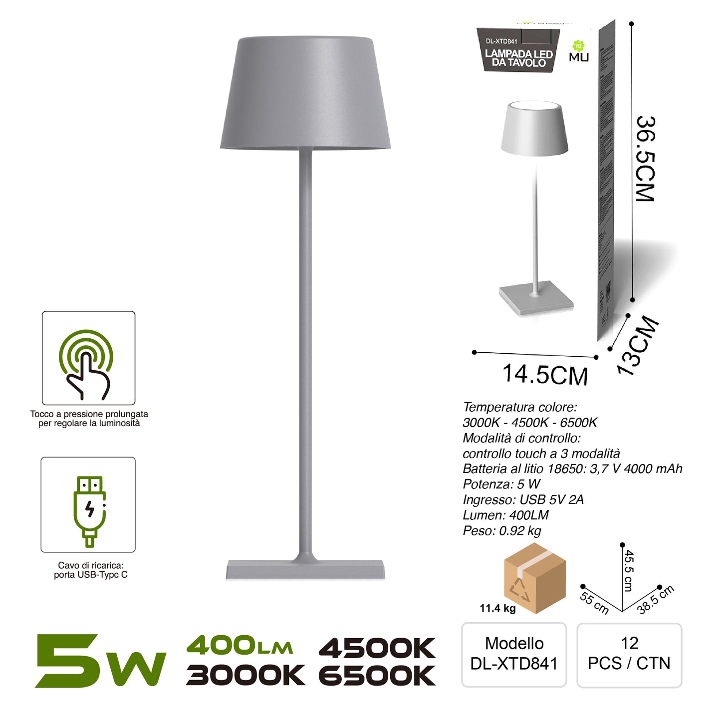 XTD841 Lampada da Tavolo, Ricaricabile e Dimmerabile