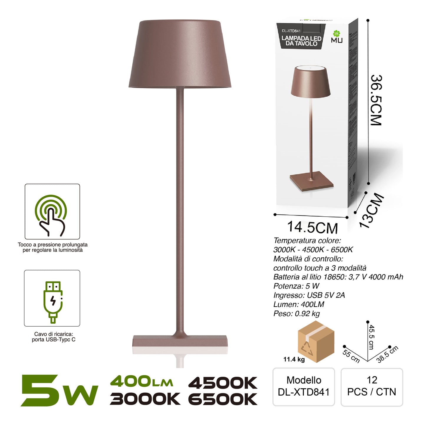 XTD841 Lampada da Tavolo, Ricaricabile e Dimmerabile