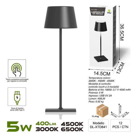 XTD841 Lampada da Tavolo, Ricaricabile e Dimmerabile