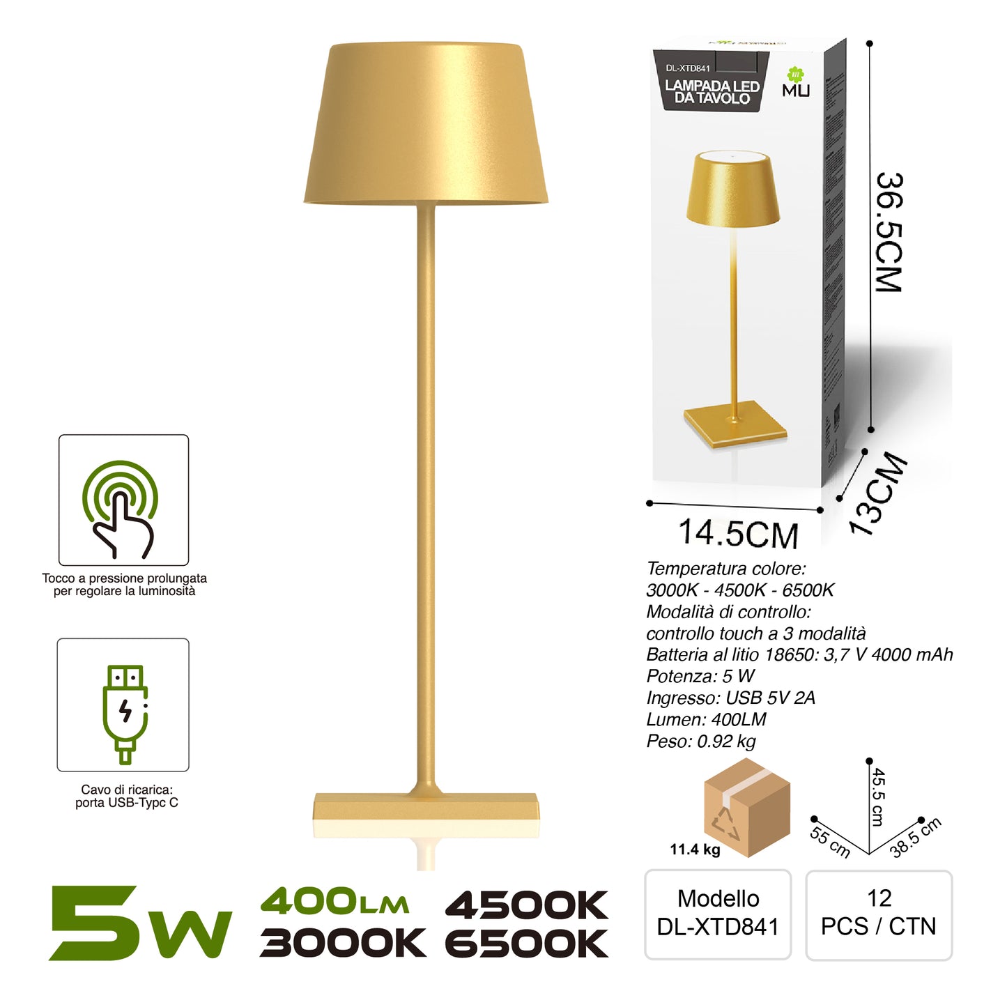 XTD841 Lampada da Tavolo, Ricaricabile e Dimmerabile