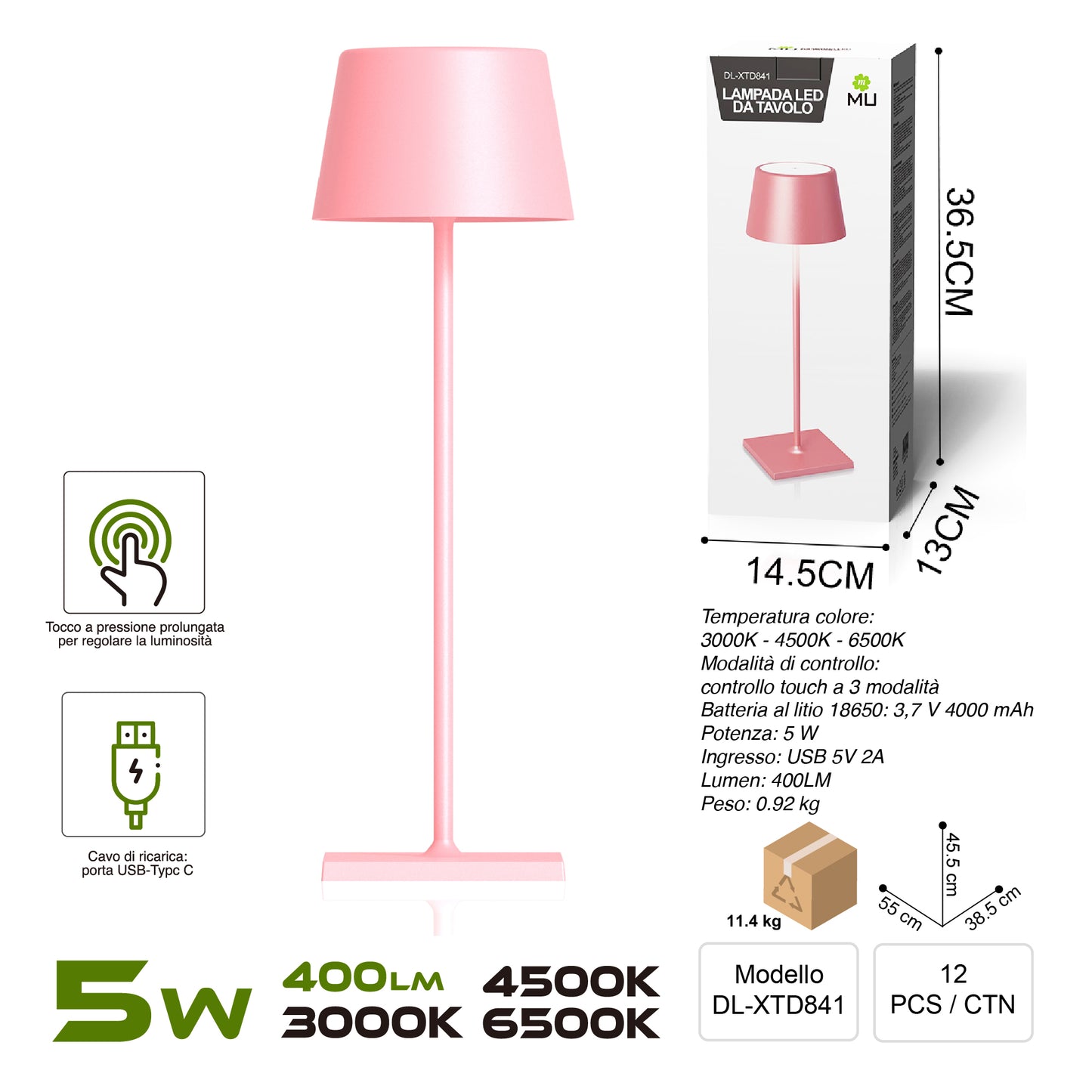 XTD841 Lampada da Tavolo, Ricaricabile e Dimmerabile