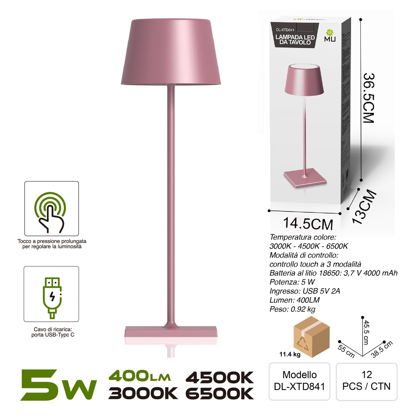 XTD841 Lampada da Tavolo, Ricaricabile e Dimmerabile