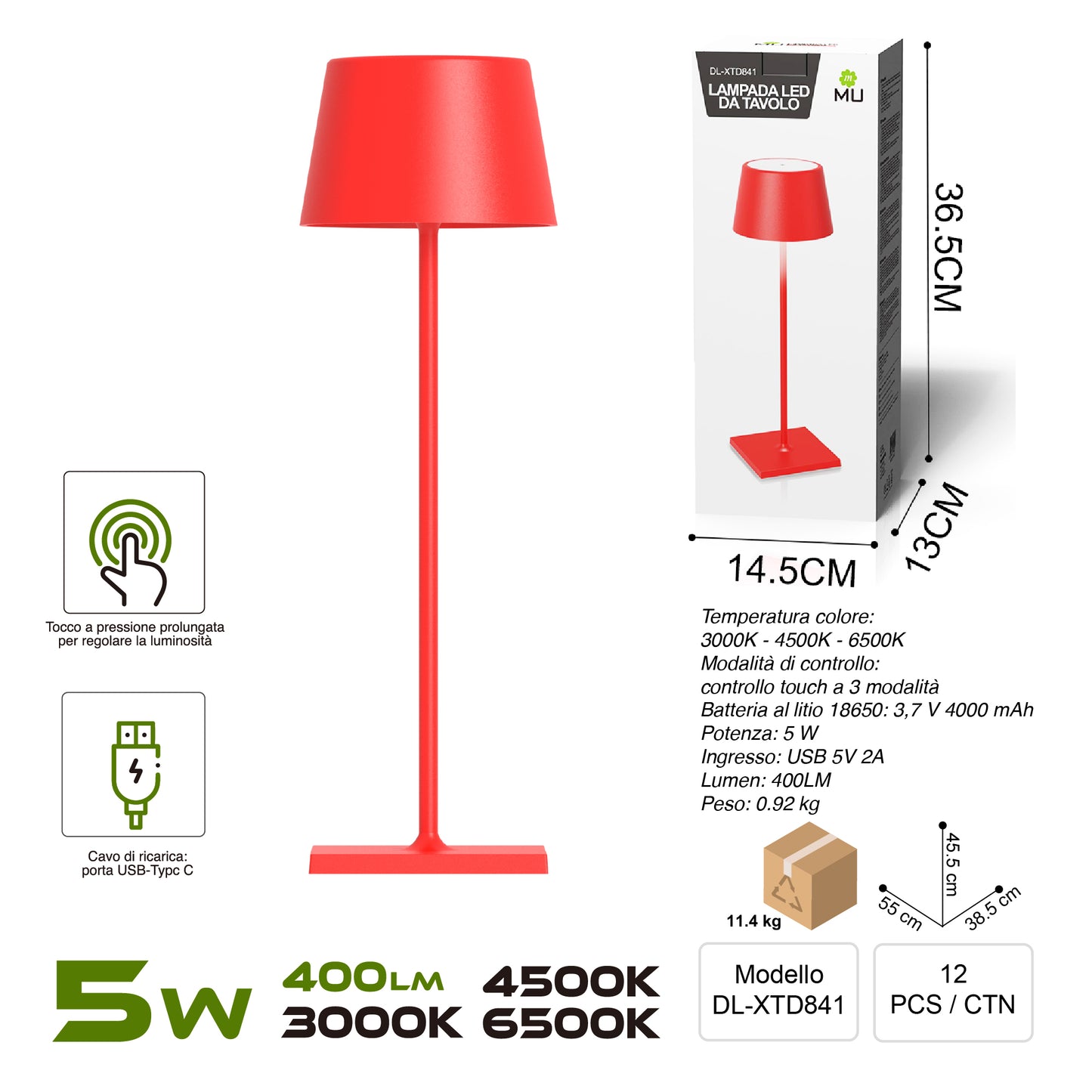 XTD841 Lampada da Tavolo, Ricaricabile e Dimmerabile