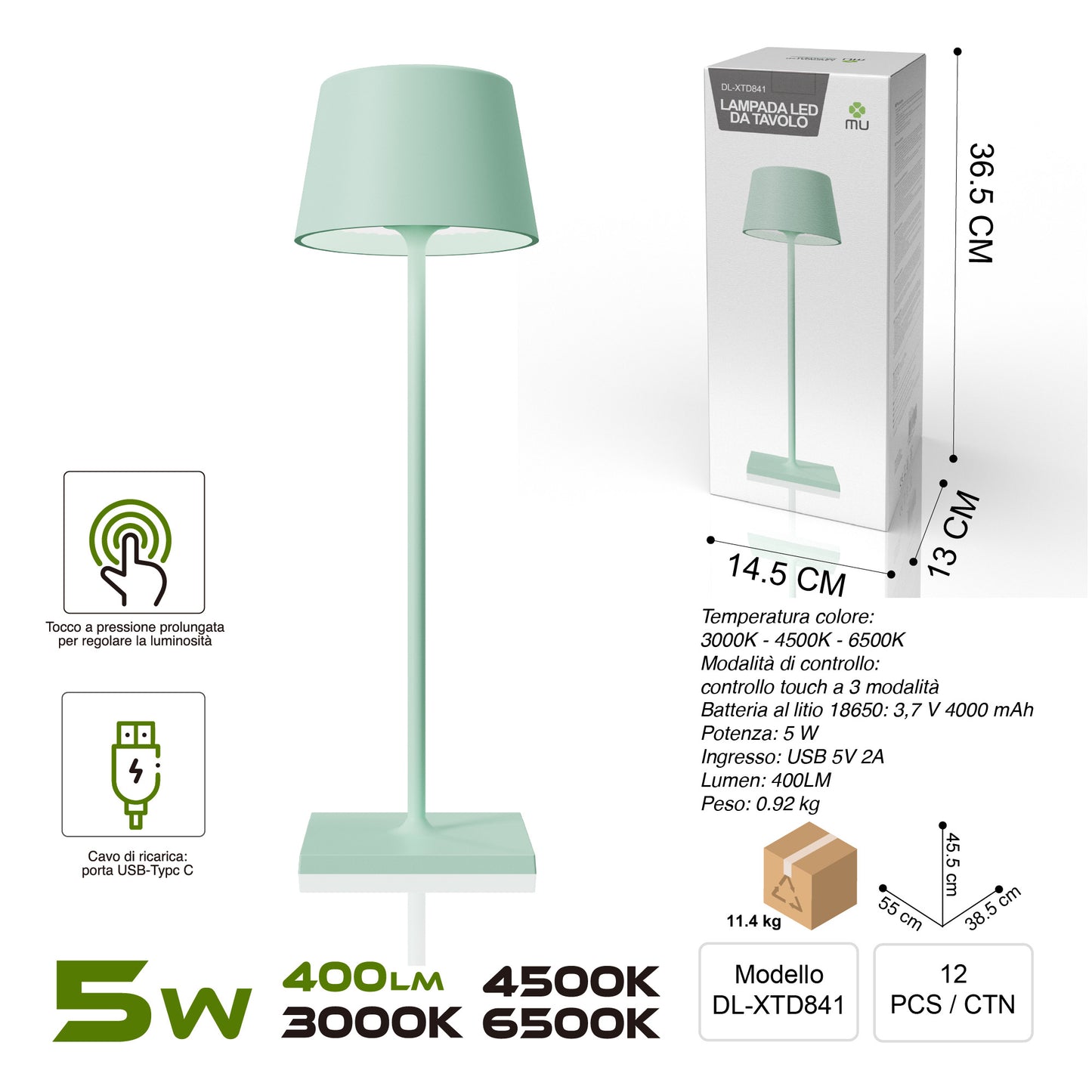 XTD841 Lampada da Tavolo, Ricaricabile e Dimmerabile