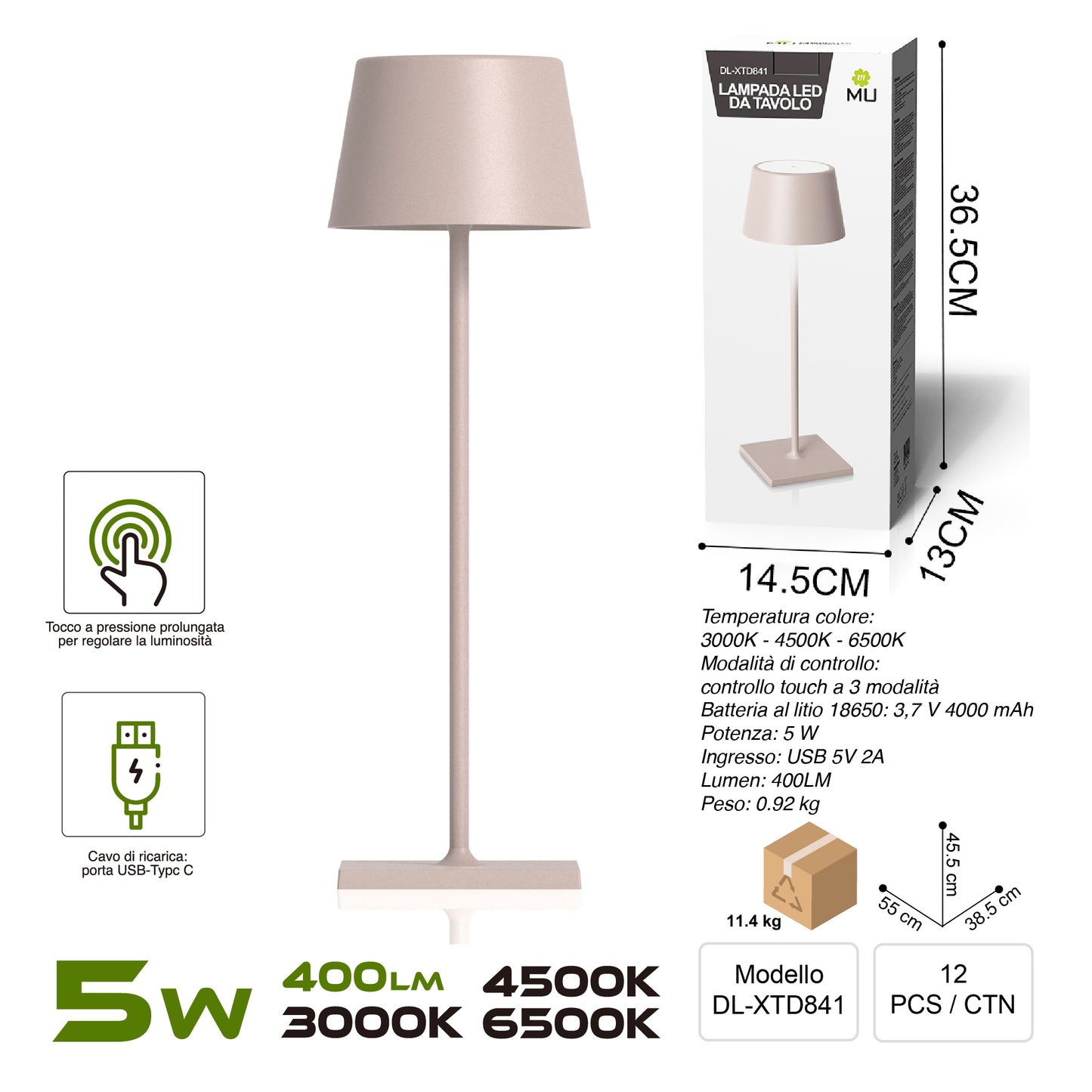 XTD841 Lampada da Tavolo, Ricaricabile e Dimmerabile