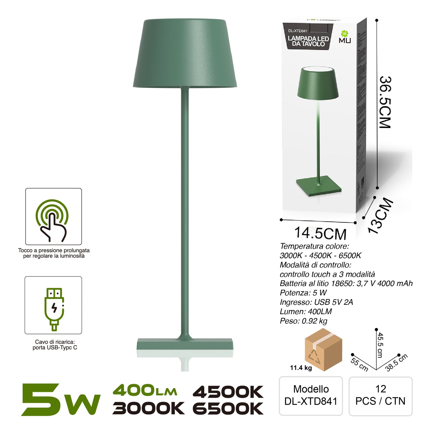 XTD841 Lampada da Tavolo, Ricaricabile e Dimmerabile