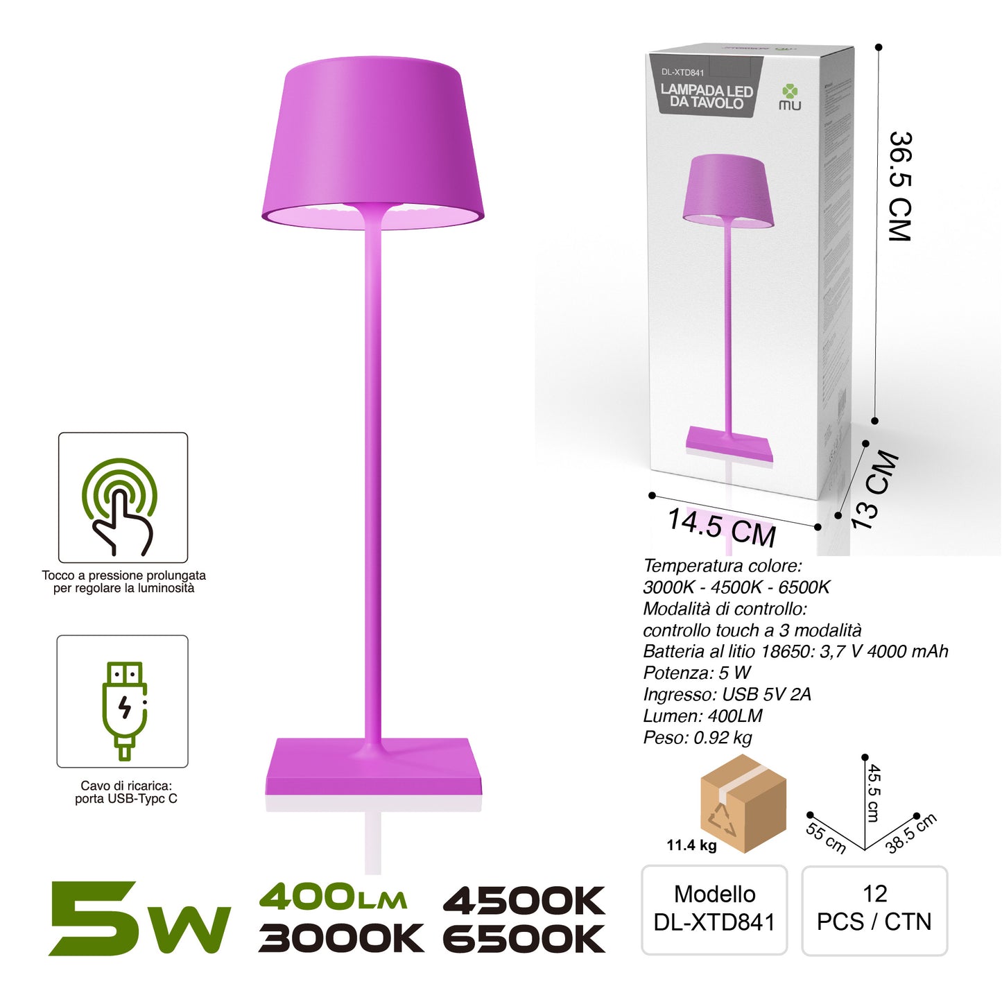 XTD841 Lampada da Tavolo, Ricaricabile e Dimmerabile