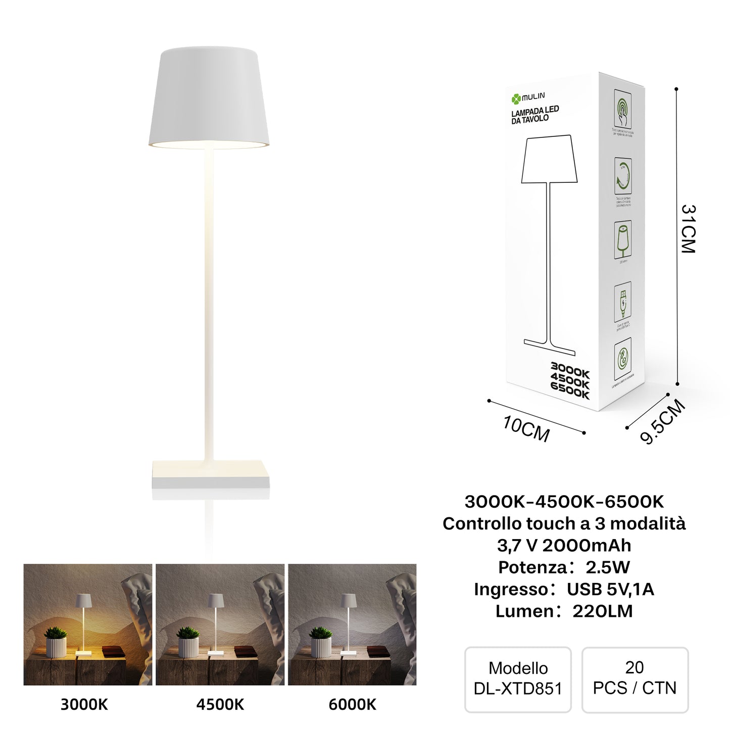 DL-XTD851 Lampada da Tavolo, Ricaricabile e Dimmerabile