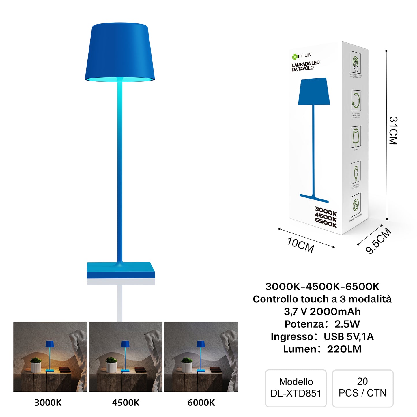 DL-XTD851 Lampada da Tavolo, Ricaricabile e Dimmerabile