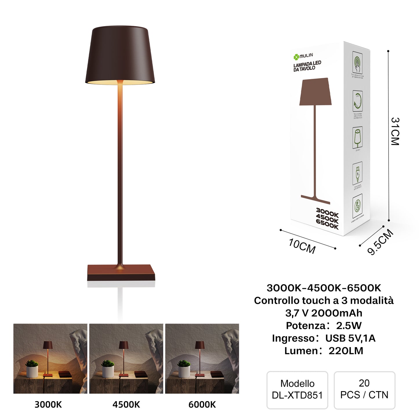 DL-XTD851 Lampada da Tavolo, Ricaricabile e Dimmerabile