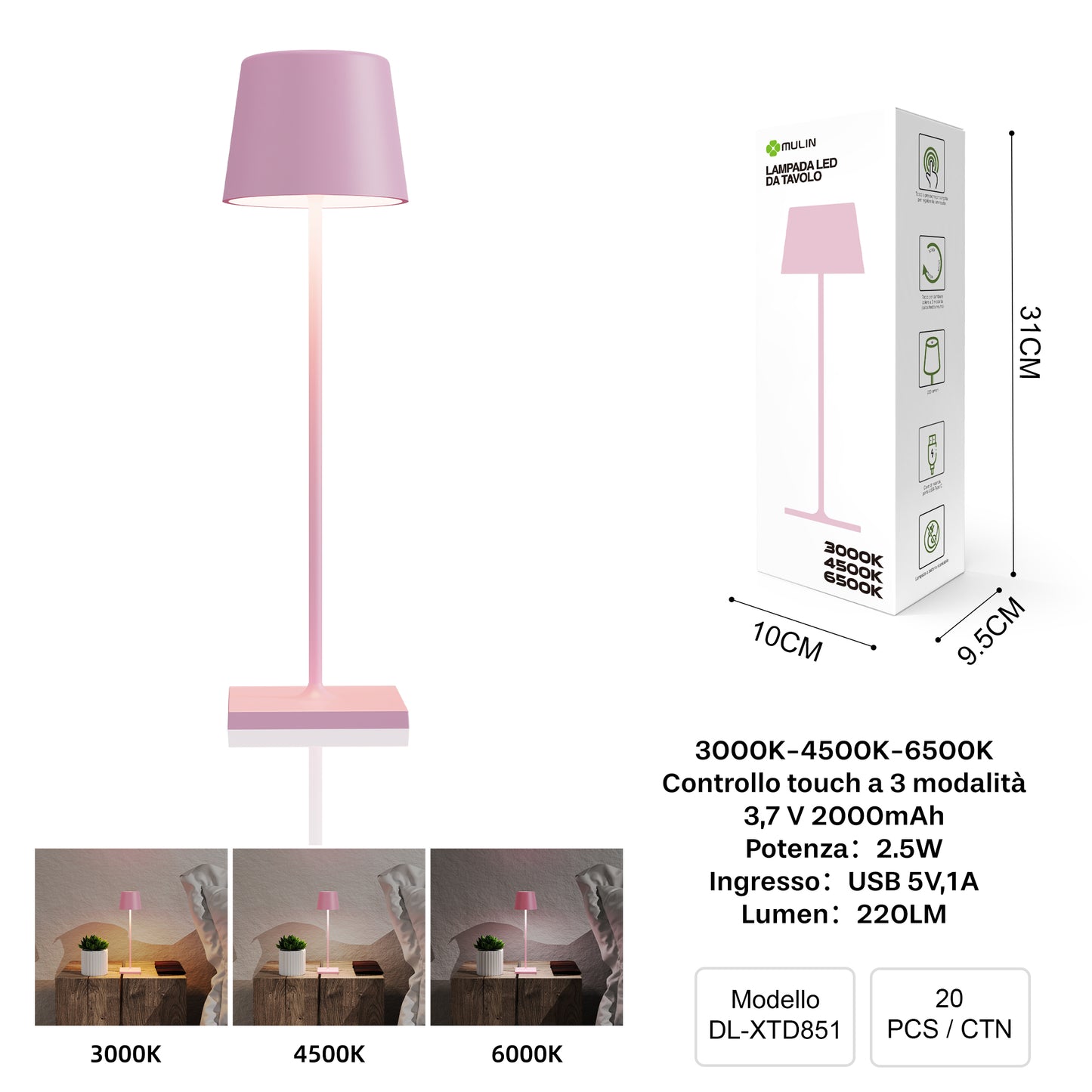 DL-XTD851 Lampada da Tavolo, Ricaricabile e Dimmerabile