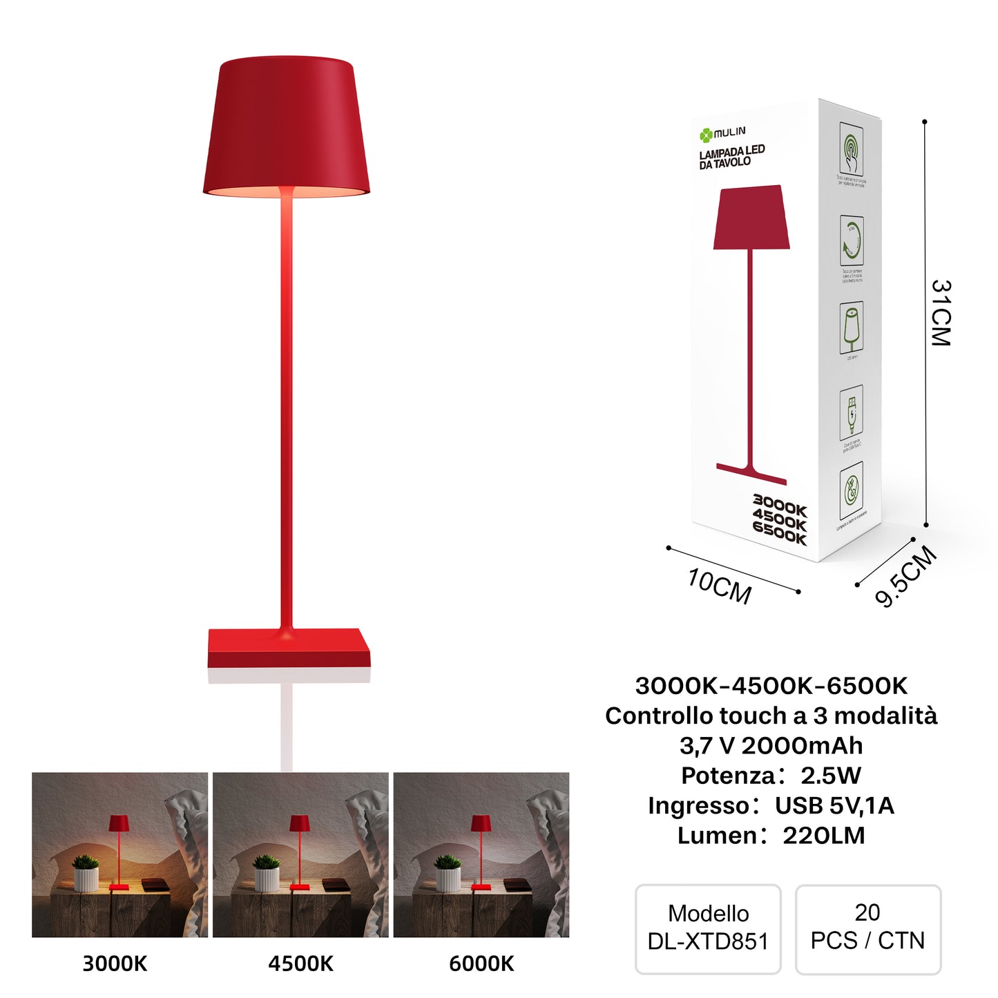 DL-XTD851 Lampada da Tavolo, Ricaricabile e Dimmerabile