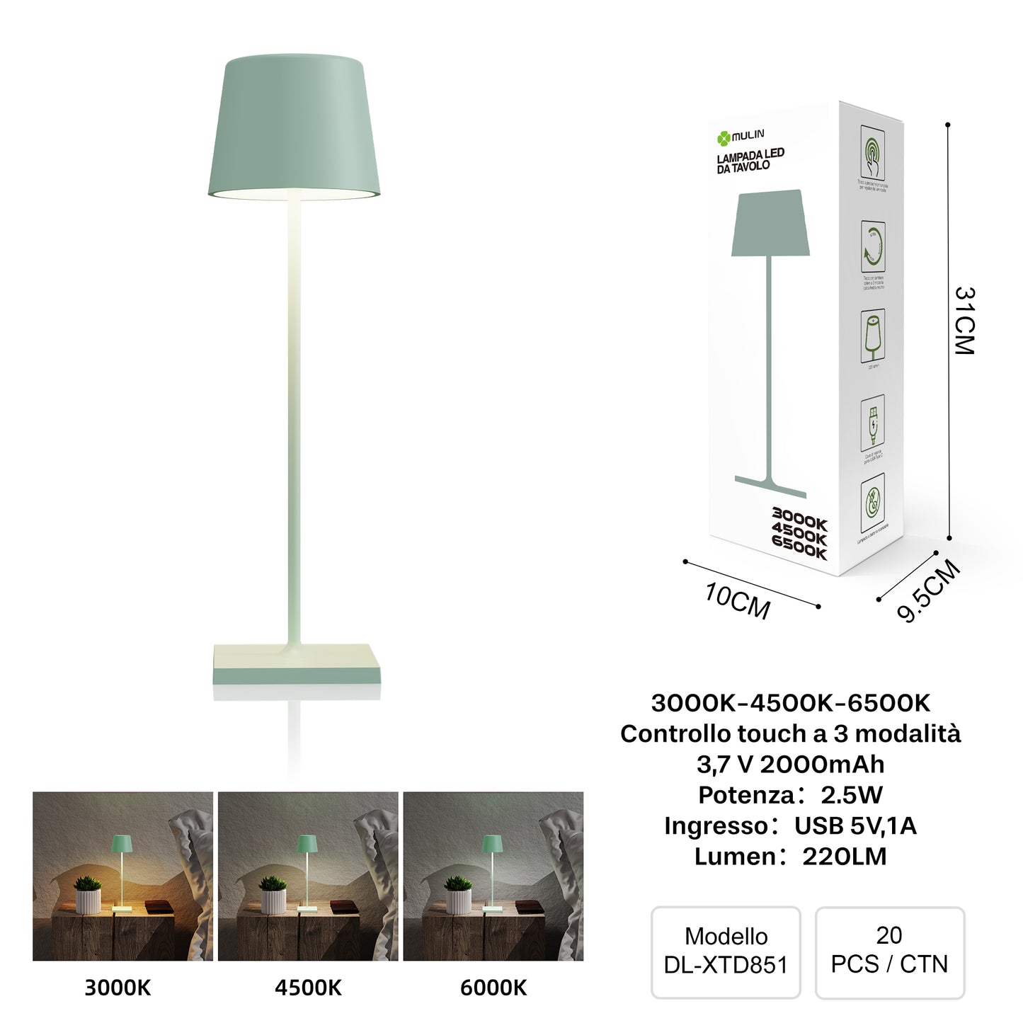 DL-XTD851 Lampada da Tavolo, Ricaricabile e Dimmerabile