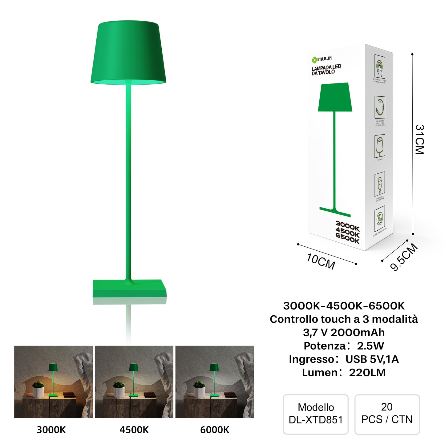 DL-XTD851 Lampada da Tavolo, Ricaricabile e Dimmerabile