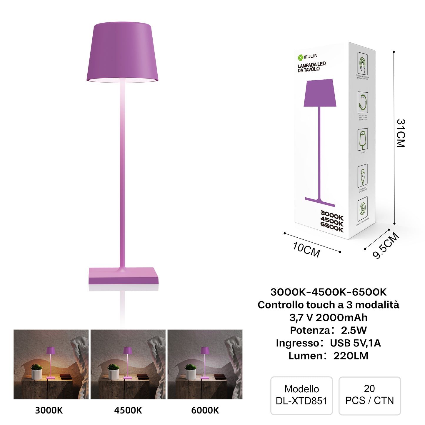 DL-XTD851 Lampada da Tavolo, Ricaricabile e Dimmerabile