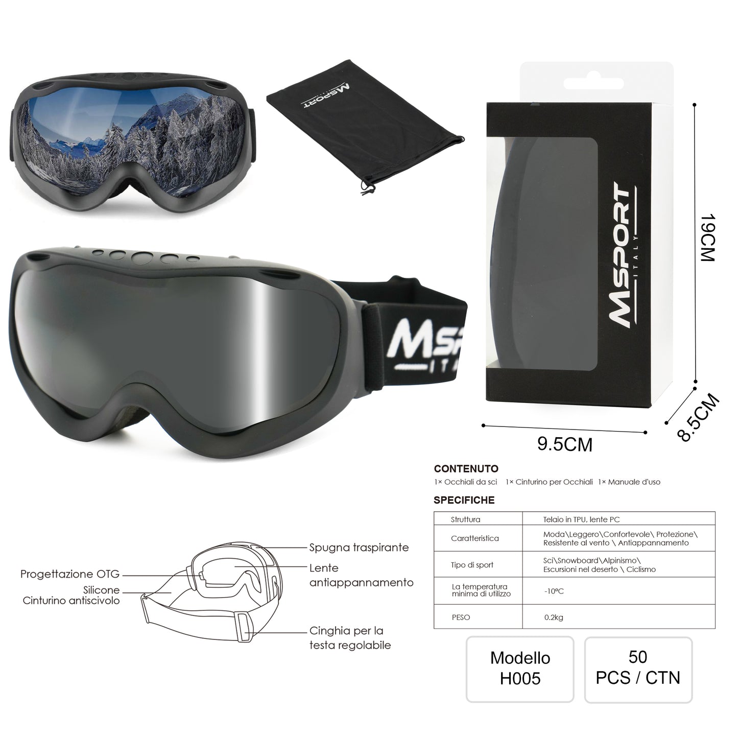 MSPORT H005 Occhiali da Sci