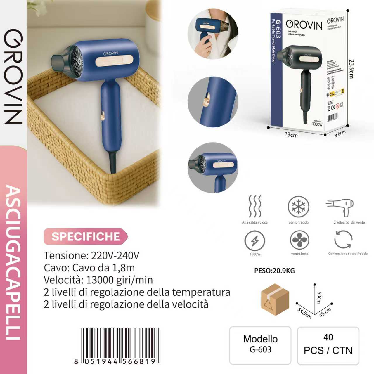 Grovin G-603 Asciugacapelli 1300w 220v-240v