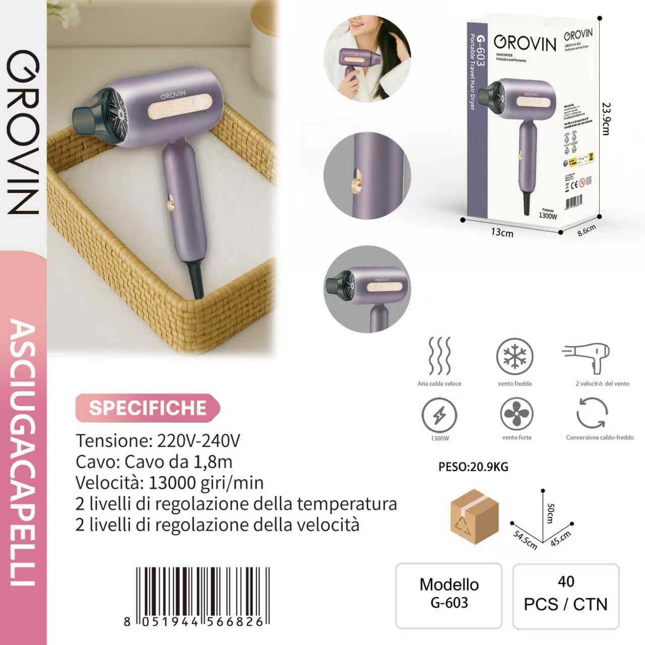 Grovin G-603 Asciugacapelli 1300w 220v-240v