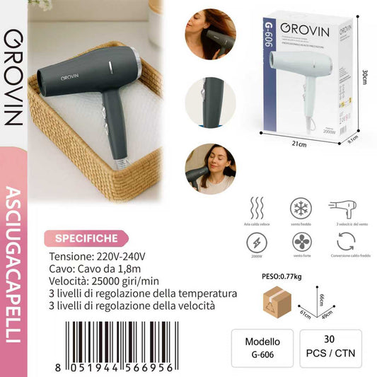 GROVIN G-606 Asciugacapelli 2000w 220v-240v Nero